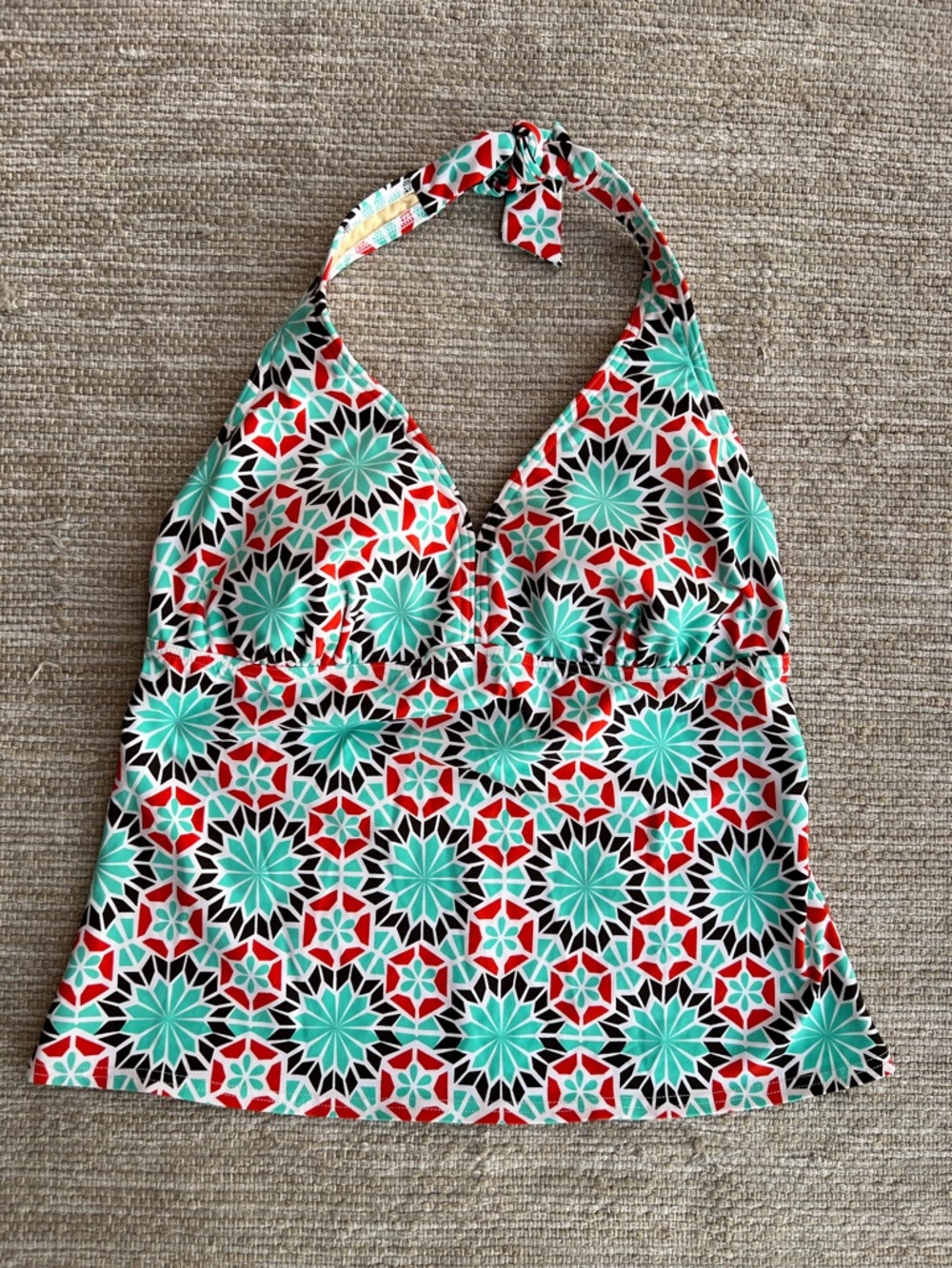Lands' End Mint & Red Moroccan Floral Shapes Swim Tankini Halter Top sz 12